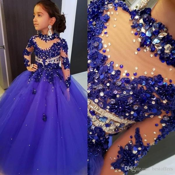 

2020 high neck flower girl dresses for weddings long sleeve royal blue beads girls pageant dress floor length kids birthday communion dress, White;red