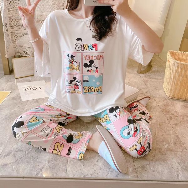 

wfc3d pajamas women's summer clothes suit home clothes short-sleeved trousers korean style sweet cartoon for women's autumn home w, Blue;red