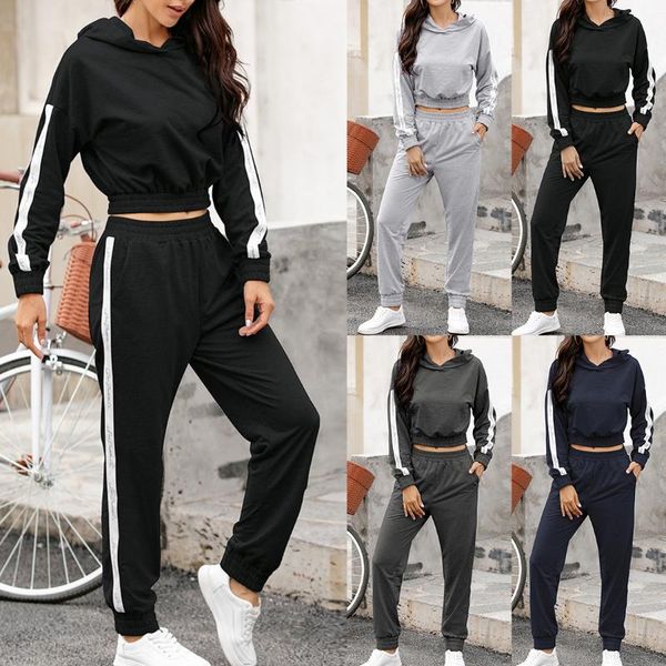 

женщины бег наборы фитнес sportsuit solid color top exposed navel толстовки с длинным рукавом высокой талии брюки мода капюшоном йога set, Black;blue