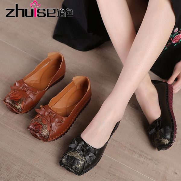 

spring 2020 new layer cowhide mother shoes tendon flat bottom round head shallow mouth bow national style single shoes, Black