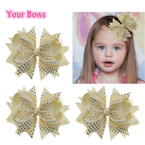 

your bows 1pc 5.5inch grosgrain ribbon hair bow golden dot girl bows hairpins children hair clip for kids accessories, Slivery;white