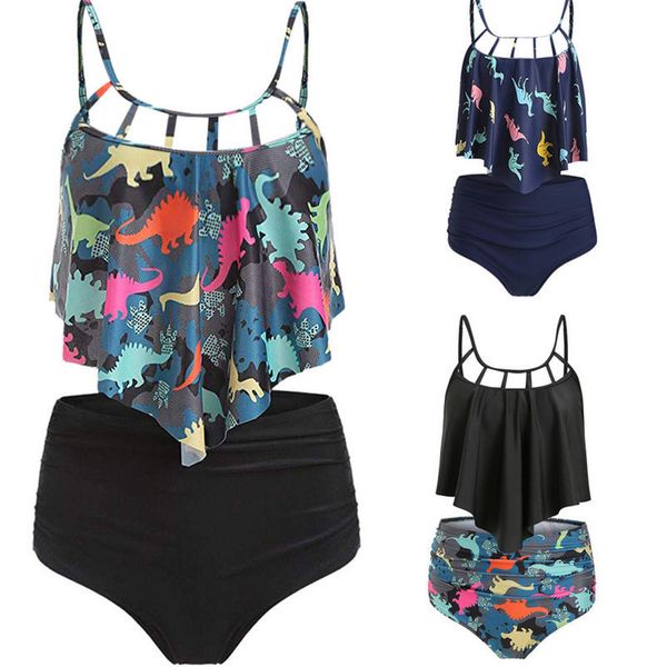 

summer beach bathing suits women set swimsuit high waist dinosaur print bathing suit beach female two pieces high waist bikini, White;black