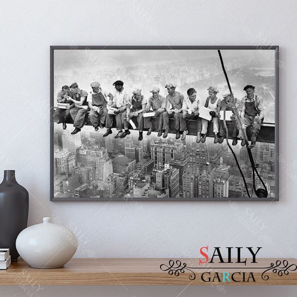 

vintage canvas painting modern home decoration new york city view lunch on a skyscraper wall art picture black and white poster