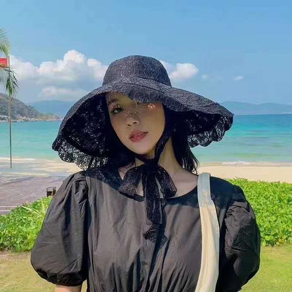 

web celebrity with korean style big brim lace lace fashion all-match flounder band basin hat sunshade sun hat, Blue;gray