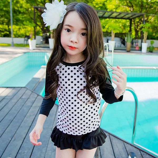 

korean girls' large long-sleeved sunscreen swim body skirt swimsuit split skirt seaside beach spring holiday swimming suit, Black;red