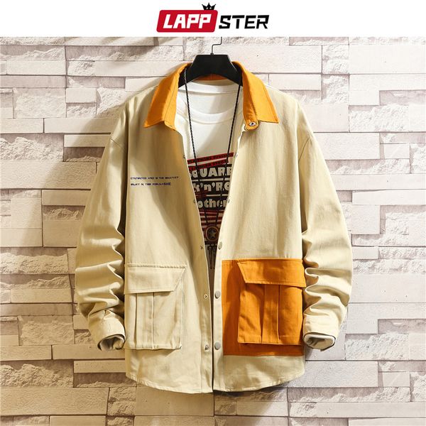 

lappster мужчины корейской моды куртки 2020 осень мужская японская streetwear цвет блок ветровка harajuku хаки пальто плюс размер, Black;brown