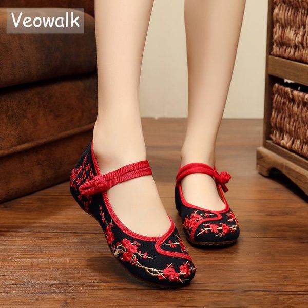 

veowalk handmade cotton flats women flower embroidery shoes vintage chinese old beijing ballet flats for woman zapatos mujer, Black
