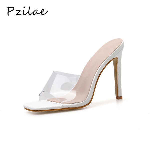 

slippers pzilae size 41 42 pvc woman shoes slip on fashion sandals square toe slides ladies high heel pumps party, Black