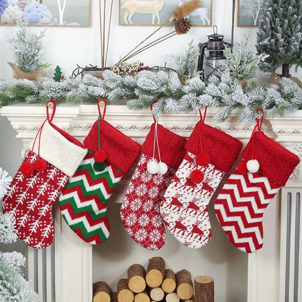 Meias de Natal malha malha sacos de doces de lã santa saco de presente de Natal decorações de árvore de Natal crianças presente elk 5 designs dw4222