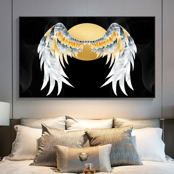 

modern abstract art golden wings on black background canvas painting wall art pictures for living room home decor (no frame