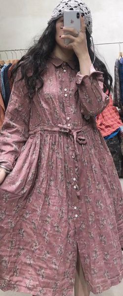 

large size 2020 spring festival new mid-length linen printed women's dress casual dress, Black