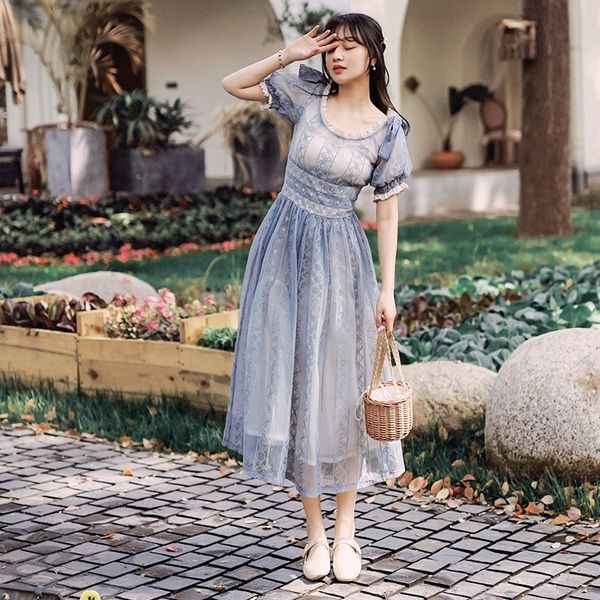 

summer court french minority lace off-shoulder lace mori dress and ankle fairy dress, Black;gray