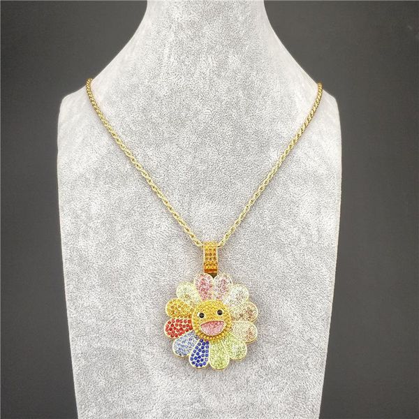 

luxury design necklace sunflower colorful petal smiley face necklace rotatable hip hop pendant necklace supply, Silver