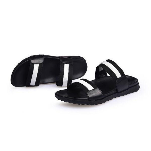 

men slippers personalized beach fashion outdoor summer non-slip flat 100% real leather comfortable open toe sandals, Black