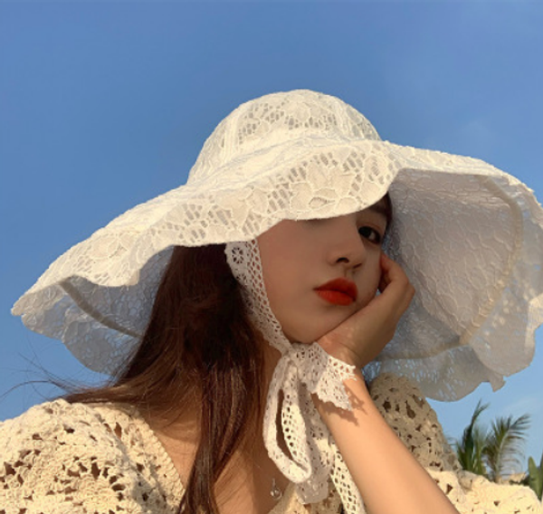 

women summer hollow out floral lace bucket hat layered ruffles patchwork large brimmed casual female elegant fisherman cap, Blue;gray