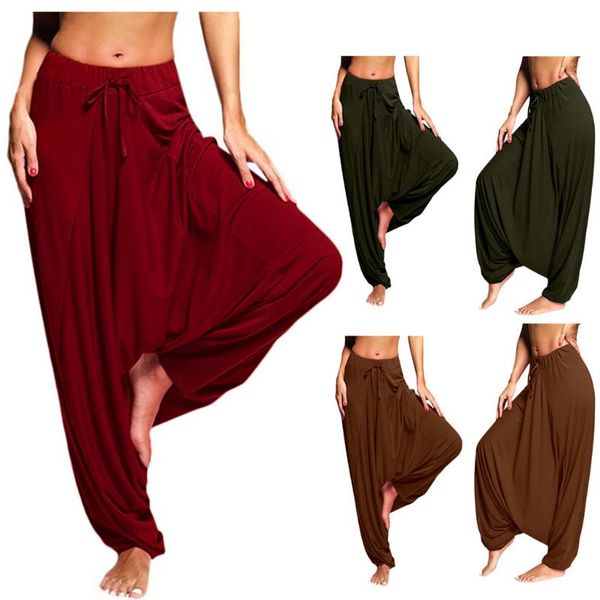 

women plus size yoga pants solid color casual bohemia loose harem pants yoga women soft trousers pantalones#45, White;red
