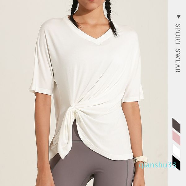 

wholesale-v-neck sport yoga female net red blouse with short sleeves dry running speed workout clothes t-shirt buckles 2 tees, White;red