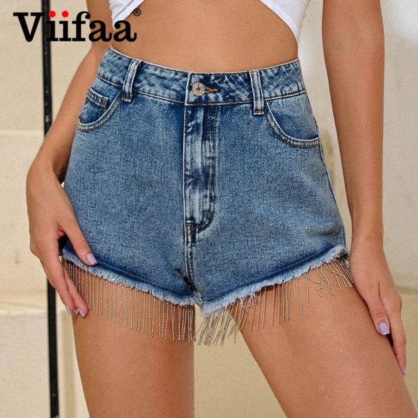 

viifaa blue summer fringe denim mini shorts women high waist frayed hem zipper straight leg jeans shorts, White;black