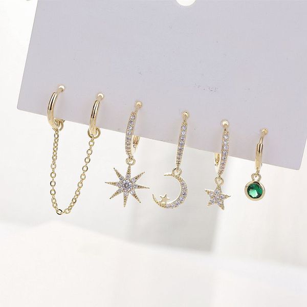 

high-end gold color women drop earrings set micro paved cubic zircon moon star earrings dangler, Silver