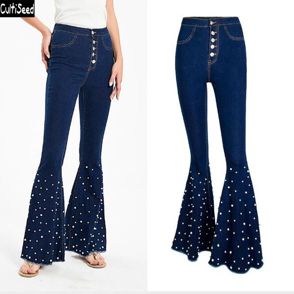 

cultiseed women beads jeans pant trousers female fashion denim jeans flare pants ladies new long pant trousers, Blue