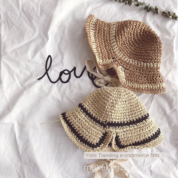 

striped cute lace straw little princess fan kaifen lace children's straw hat travel sunscreen baby sun hat, Yellow