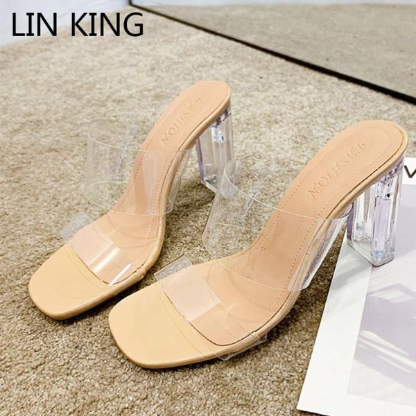 

lin king slip on shoes women slippers ladies transparent high heels summer pumps square heel outdoor beach slides sh, Black