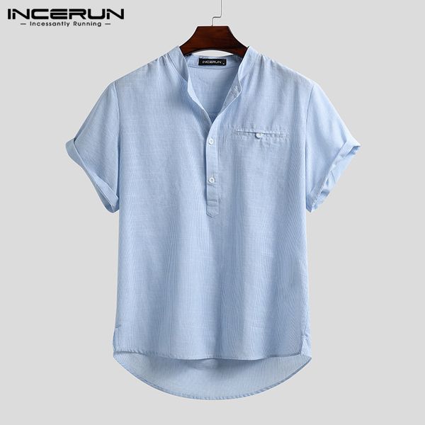 

men's casual shirts incerun man solid color buttons camisa leisure breathable blusa men striped short sleeve stand collar blouse s-5xl, White;black