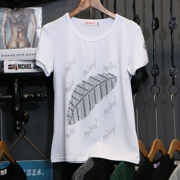 

t-shirt women 2020 summer new acrylic diamonds short sleeve tee pullovers casual elasticity bottoming shirt, White
