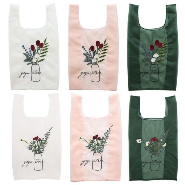 

fashion women girls foldable embroidery handy shopping tote bags lady casual reusable tote pouch recycle storage handbags new
