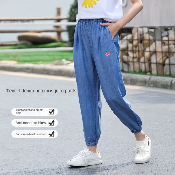 

tqwro girls pants 2020 new korean version of middle and trousers and jeans large ankle-length pants children's tencel jeans mosquito-pr, Blue