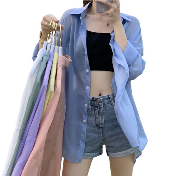 

women thin summer shirts blouses full sleeve shirt women simple casual solid light shirt for female dx7369, White
