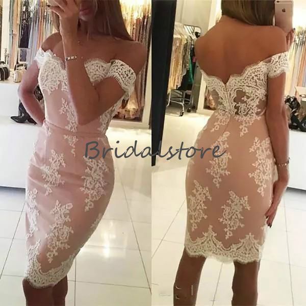 

blush pink cocktail dresses off shoulder lace knee length robes de cocktail party dress 2020 summer women short prom dresses, Black
