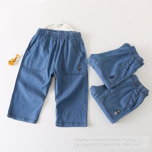 

summer children's boys' tencel denim shorts boys' five-point pants capri pants middle-grade shorts panty panty children, Blue