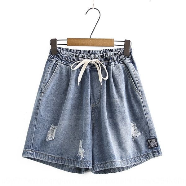 

large size women's denim shorts loose 2020 new cropped wide leg a-shaped wide leg pants thin hole straight cropped pants 179, Blue