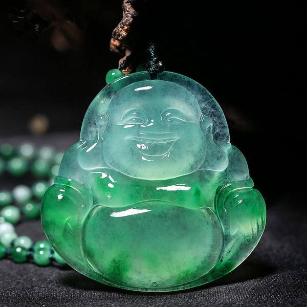 

maitreya buddha statue carved jade pendant natural chinese white green jade smile necklace jewelry, Silver