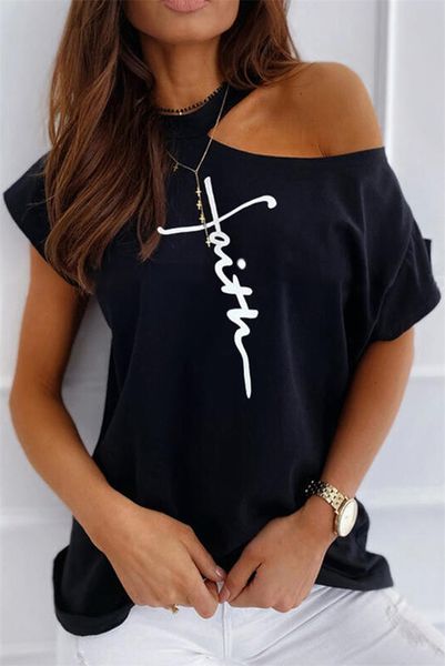 

womens tshirts summer letter pattern off shoulder short sleeve woman tees flower printed ladies, White