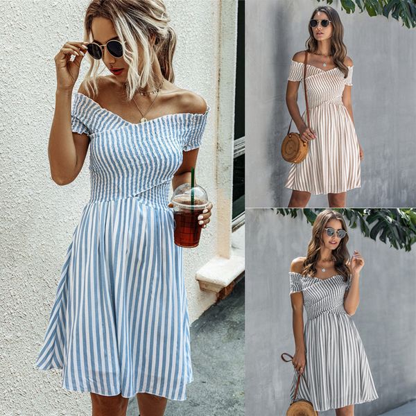 

2020 summer dress women slash neck short sleeves high waist casual stripe print knee-length dress ladies slim beach dresses, Black;gray