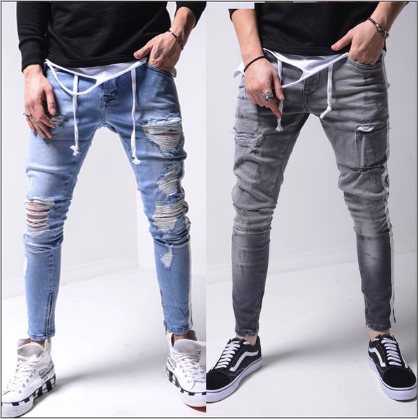 

2020 new mens jeans pants fashion long pencil pants with hole 2 colors men casual jeans streetwear clothing size s-3xl, Blue