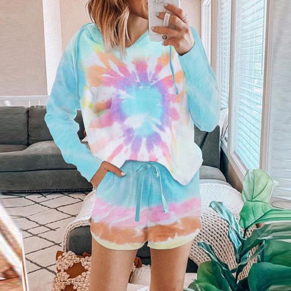 

2020 new womens tie dye printed hooded short pajamas set long sleeve and shorts set loungewear nightwear sleepwear, Black;blue