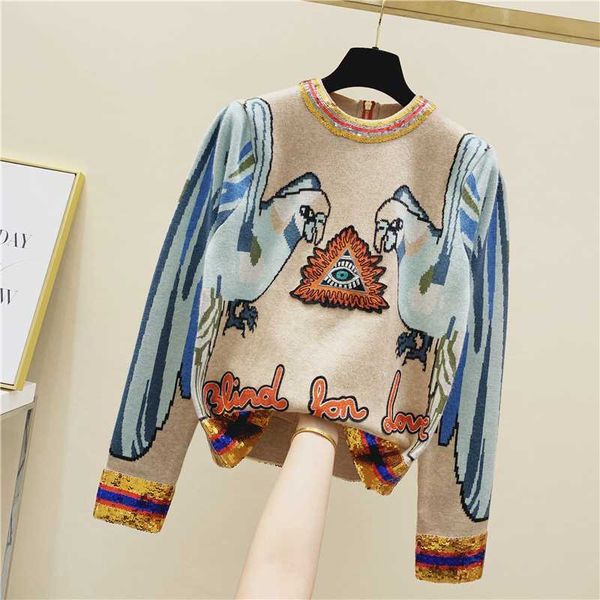 

fashion pattern sweater women sequined stereo parrot embroidered back zipper sweater gold long-sleeve round-neck sweaters jumper, White;black
