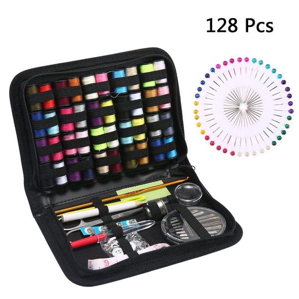 

128pcs diy sewing box multi-function travel sewing kit needle thread threader tape scissor storage bag set accessories, Black
