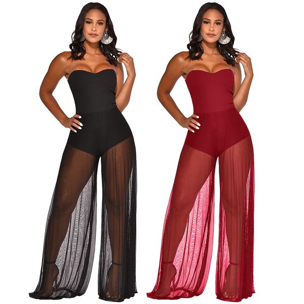 

женская сексуальная сетка лоскутная с плеча без бретелек вскользь комбинезон transparent сетки длинные брюки rompers bodycon ночной клуб ком, Black;white