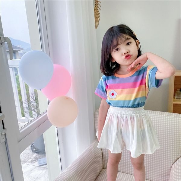 

q.child internet celebrity korean style girls summer color striped embroidered egg t- flower short sleeve t-shirt base shirt trendy, Blue