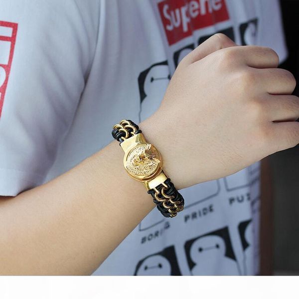 

hiphop new punk style 8.66'' 18mm genuine leather 316l stainless steel biker gold wolf head design men's bracelet bangle, Black