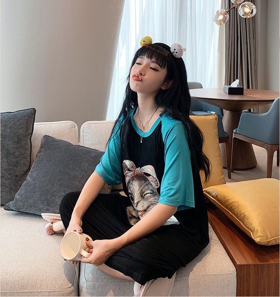 

online celebrity 2020 summer short-sleeved nightgown women's-love card through 3d cat skirt skittles qun nightgown, Black;red