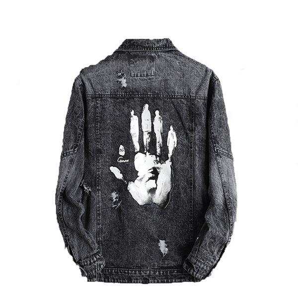 

fashion harajuku handprint retro rock vintage gray denim jacket men boyfriend punk sweatshirt sudadera streetwear cowboy hiphop, Black;brown
