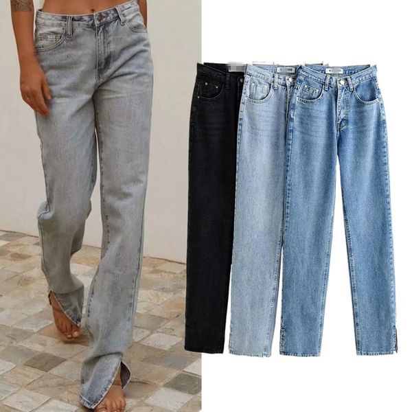 

women high waist jeans pant spring loose solid denim jeans pants button summer retro ladies zipper blue denim floor split pants