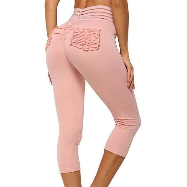 

women leggings mid calf pink pocket patchwork leggings mujer exercise fitness push up female sportswear pants 3 4 mid calf length jegging, Black