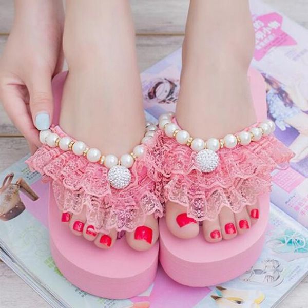 

fashion pearl lace slippers female summer women shoes new non-slip platform wedges women flip flops casual beach shoes xx463, Black