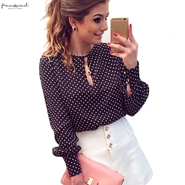 

long sleeve slit open women blouse chiffon hollow casual shirt women blusas bluse crew neck polka dots shirt top, White